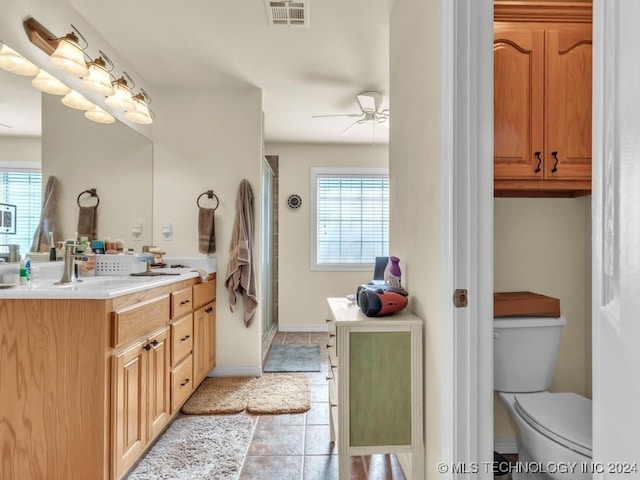 bathroom featuring tile patterned floors, ceiling fan, plenty of natural light, and toilet