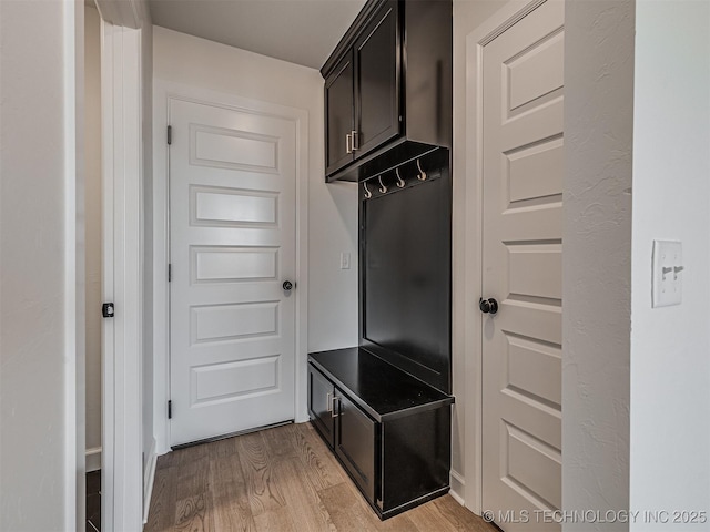 mudroom with light hardwood / wood-style flooring