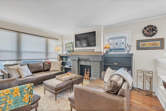 living room with a fireplace, light wood-type flooring, and crown molding