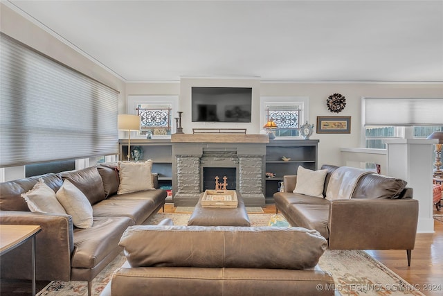 living room with a fireplace, crown molding, and hardwood / wood-style floors