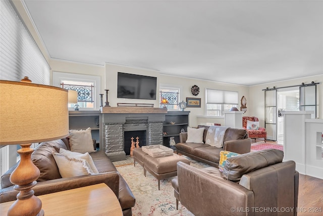 living room featuring crown molding, wood-type flooring, and a fireplace