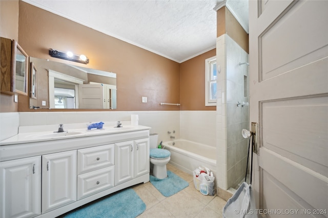 full bath featuring tiled shower, a tub, a sink, tile patterned flooring, and a textured ceiling