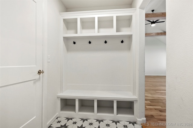 mudroom with hardwood / wood-style flooring and ceiling fan