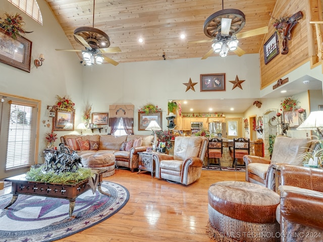 living room featuring light hardwood / wood-style flooring, high vaulted ceiling, and wood ceiling