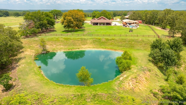 bird's eye view featuring a rural view and a water view