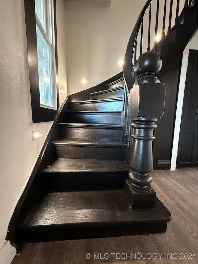 stairway with hardwood / wood-style floors