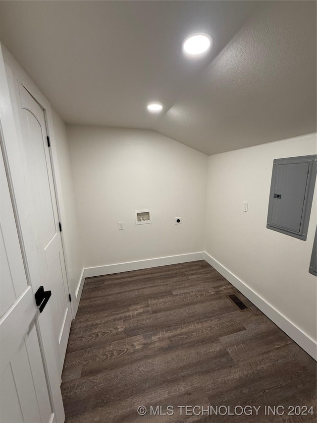 laundry room featuring electric panel, hookup for a washing machine, dark wood-type flooring, and hookup for an electric dryer