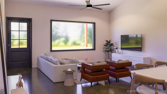 living room featuring ceiling fan