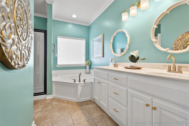 bathroom featuring independent shower and bath, vanity, tile patterned floors, and crown molding