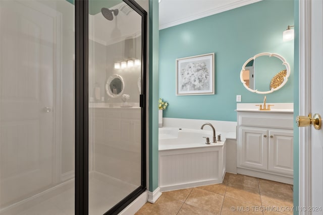 bathroom featuring tile patterned flooring, vanity, separate shower and tub, and ornamental molding