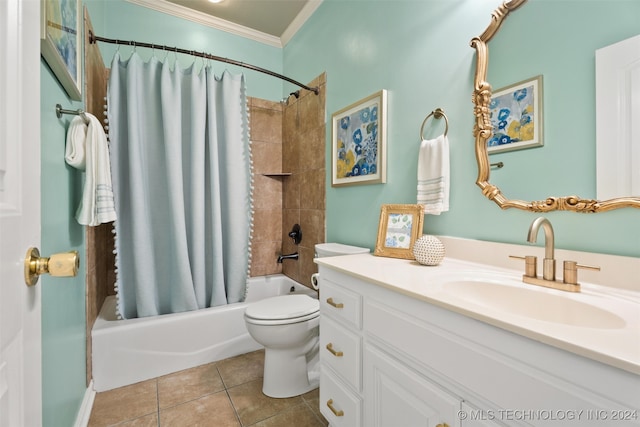 full bathroom with shower / tub combo, ornamental molding, vanity, tile patterned flooring, and toilet