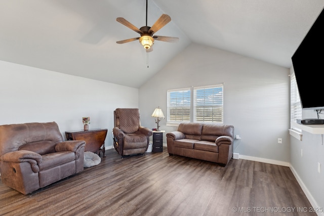 living room with hardwood / wood-style flooring, high vaulted ceiling, and ceiling fan