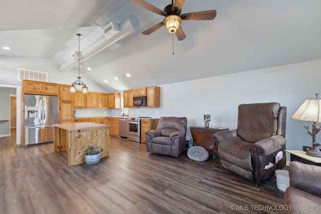 living room with sink, dark wood-type flooring, ceiling fan, high vaulted ceiling, and beamed ceiling