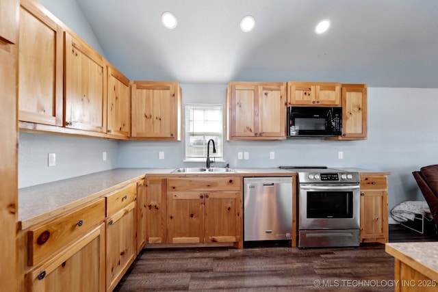 kitchen featuring vaulted ceiling, sink, dark hardwood / wood-style flooring, stainless steel appliances, and light brown cabinets