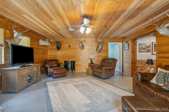 living room featuring ceiling fan, wooden ceiling, and wood walls