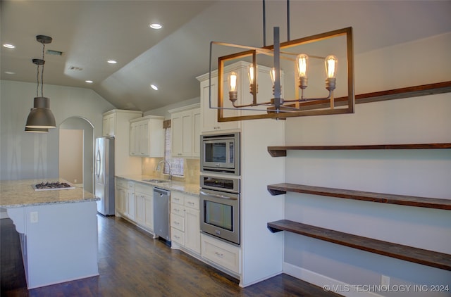 kitchen with pendant lighting, vaulted ceiling, dark hardwood / wood-style floors, light stone countertops, and appliances with stainless steel finishes