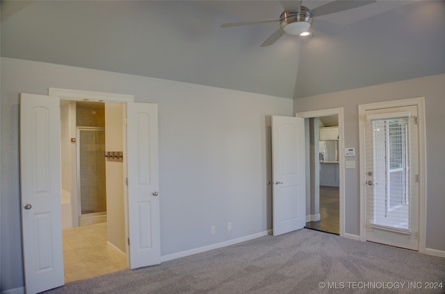 unfurnished bedroom with light carpet, vaulted ceiling, and ceiling fan