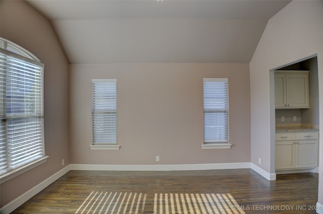 spare room with vaulted ceiling, plenty of natural light, and dark wood-type flooring