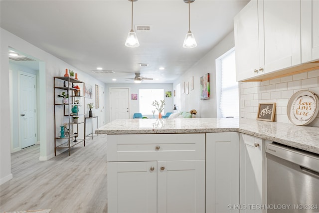 kitchen featuring white cabinetry, ceiling fan, light hardwood / wood-style flooring, stainless steel dishwasher, and kitchen peninsula