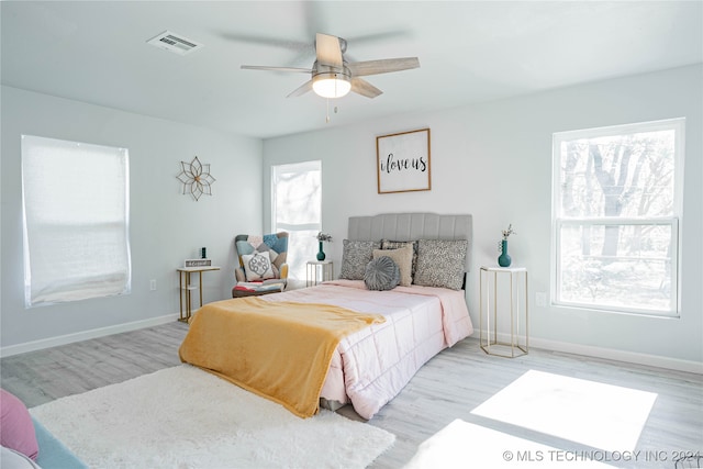 bedroom featuring light hardwood / wood-style flooring and ceiling fan