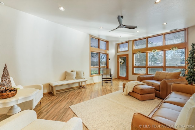 living room with ceiling fan and light wood-type flooring