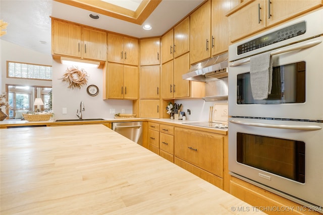 kitchen with light brown cabinets, sink, and stainless steel appliances