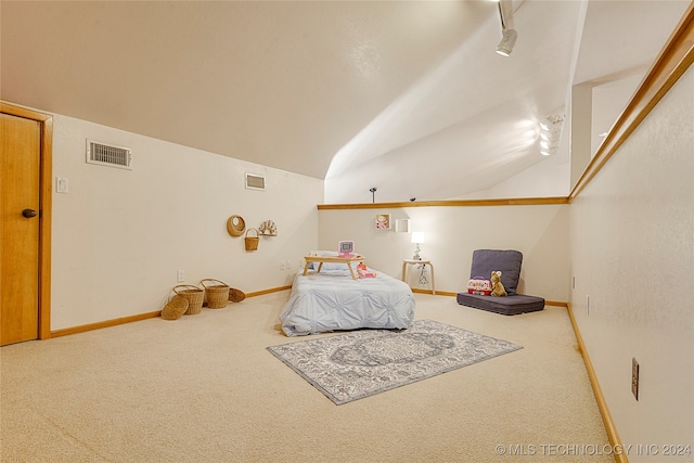 bedroom with carpet, track lighting, and vaulted ceiling