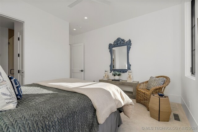 bedroom featuring carpet flooring and ceiling fan