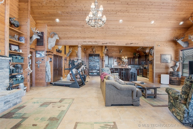 living room with a chandelier, lofted ceiling, wooden ceiling, and wooden walls