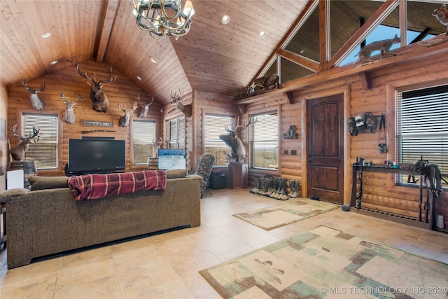 living room with light tile patterned floors, high vaulted ceiling, wooden ceiling, a chandelier, and wood walls