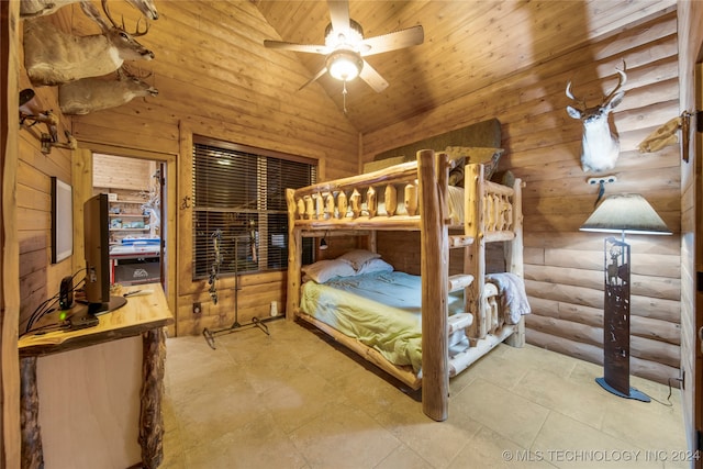 bedroom with vaulted ceiling, ceiling fan, and wood ceiling