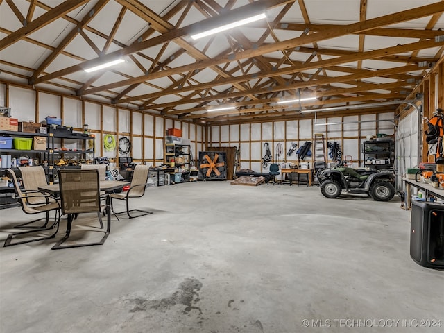 garage with a workshop area