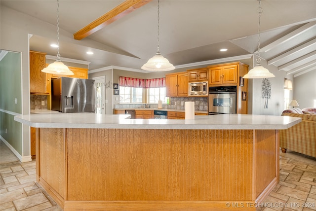 kitchen featuring pendant lighting, vaulted ceiling with beams, stainless steel appliances, and tasteful backsplash