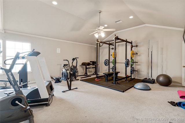 workout area with carpet, ceiling fan, lofted ceiling, and crown molding