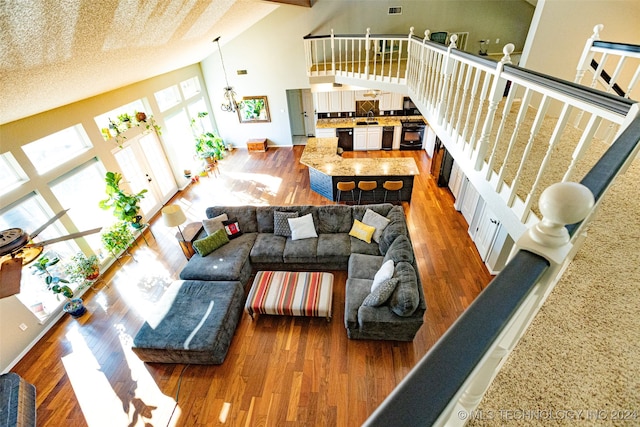 living room with wood-type flooring, a textured ceiling, high vaulted ceiling, and sink