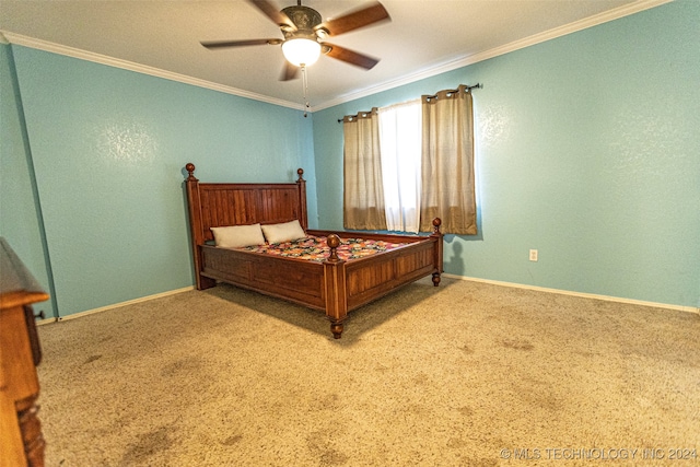 bedroom with ceiling fan, ornamental molding, and light carpet