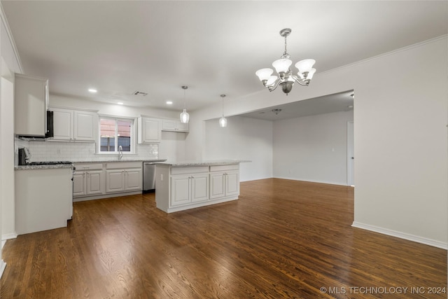 kitchen featuring a center island, white cabinetry, hanging light fixtures, and dark wood-type flooring