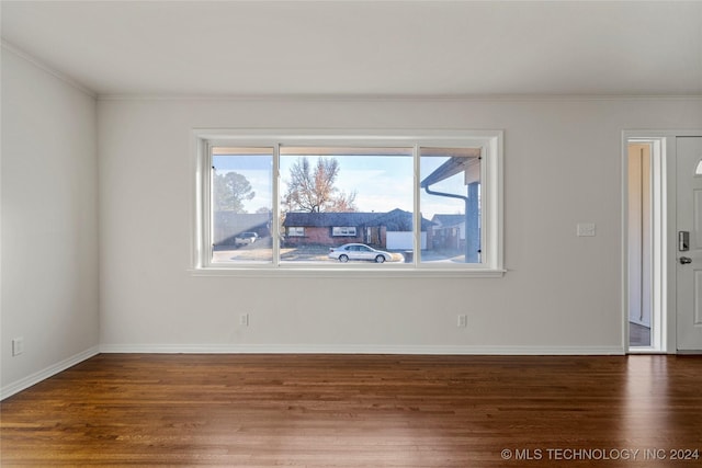 spare room with crown molding and dark wood-type flooring