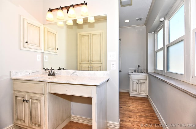 bathroom with hardwood / wood-style floors and vanity