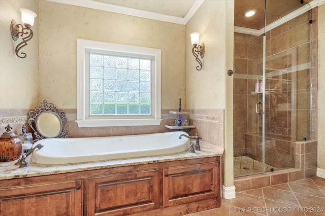 bathroom with shower with separate bathtub, tile patterned floors, and crown molding