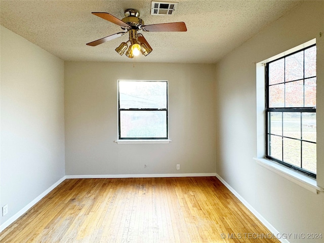 empty room with a textured ceiling, light wood-type flooring, and plenty of natural light