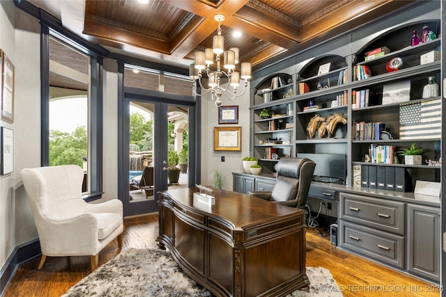 office area with french doors, coffered ceiling, beam ceiling, light hardwood / wood-style floors, and wood ceiling