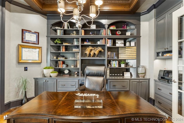 office with hardwood / wood-style floors and crown molding