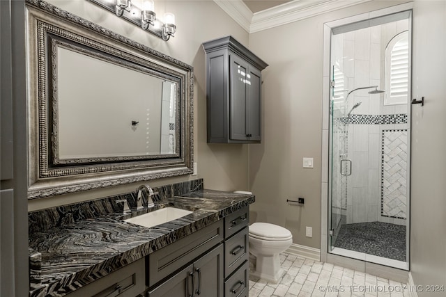 bathroom featuring walk in shower, tile patterned floors, toilet, vanity, and ornamental molding