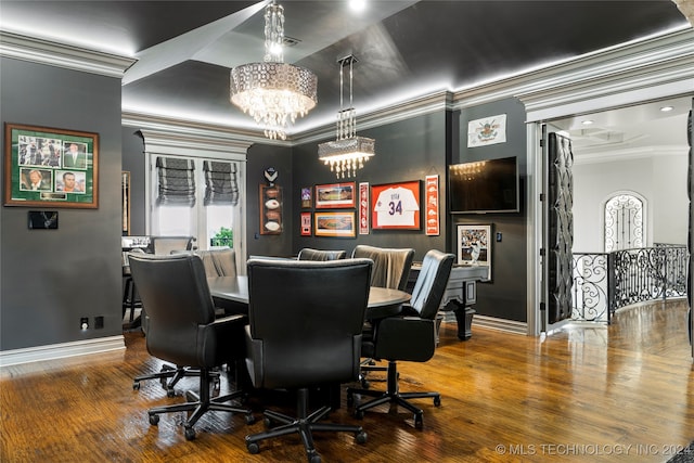 office featuring hardwood / wood-style floors, ornamental molding, and a notable chandelier