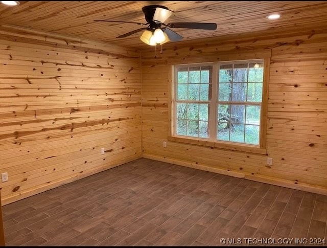 unfurnished room with ceiling fan, wood walls, wooden ceiling, and dark wood-type flooring