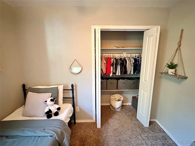 bedroom with carpet flooring and a closet