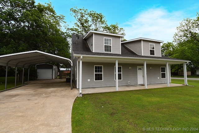 view of front facade with a carport, covered porch, and a front lawn