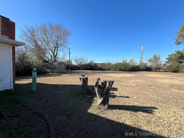 view of yard featuring a storage shed