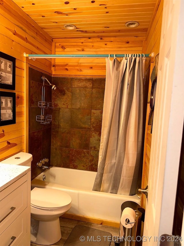 full bathroom with vanity, wood walls, wooden ceiling, toilet, and shower / tub combo